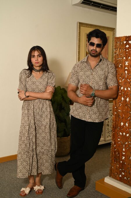 Couple Matching Beige Cotton Anarkali Midi Dress and Shirt Set ? Swirl Block Print